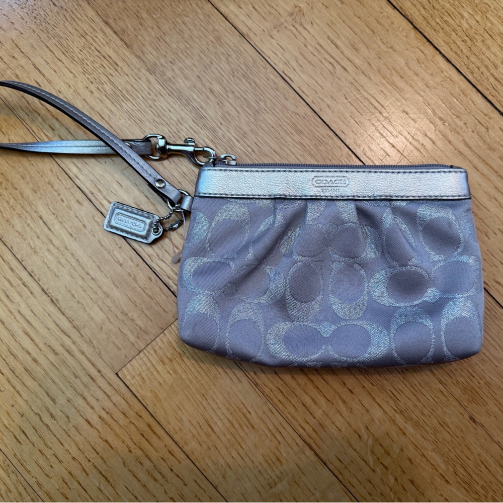 Coach Metallic Silver Wristlet with Signature Pattern